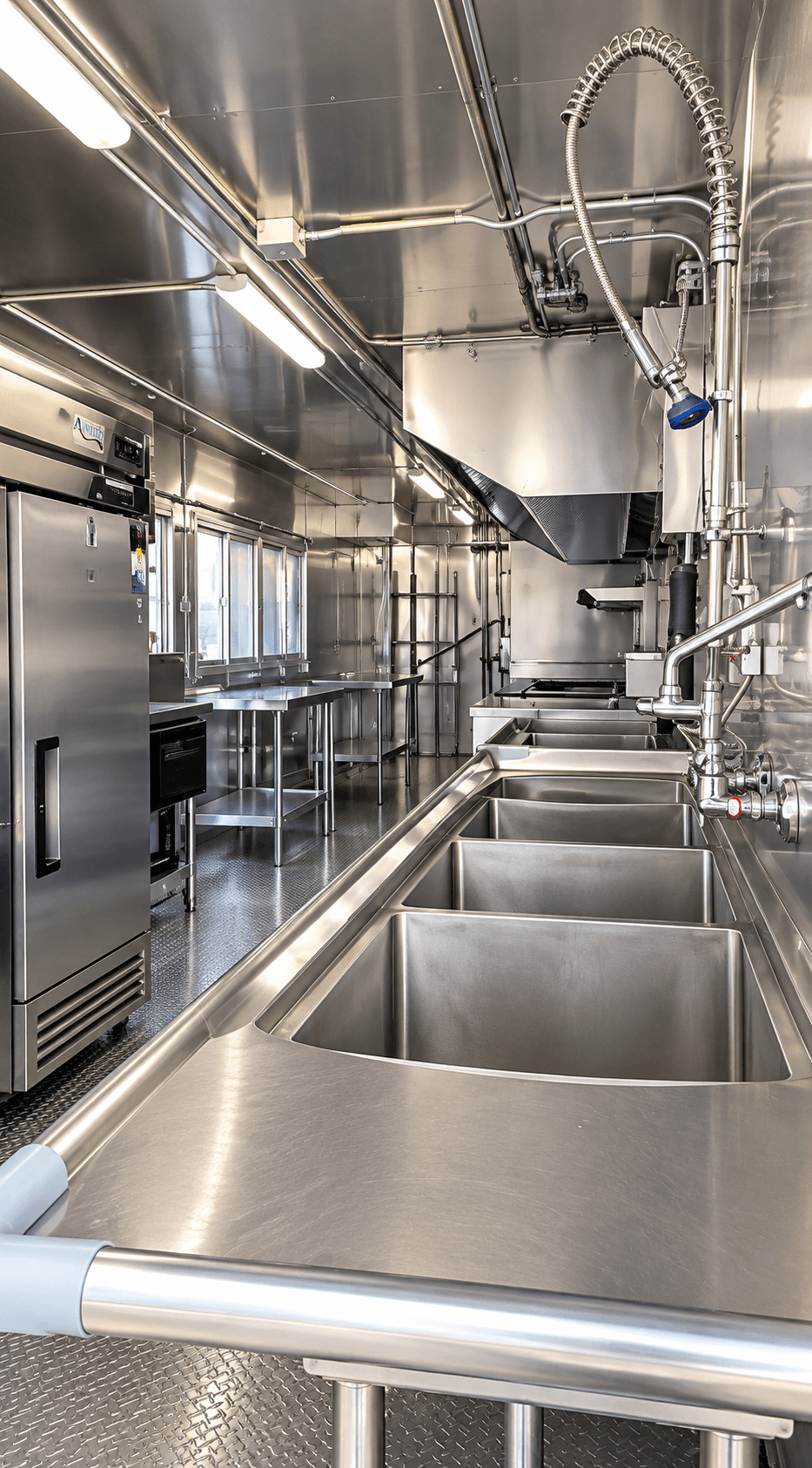 Three-compartment wash station inside a commercial kitchen trailer