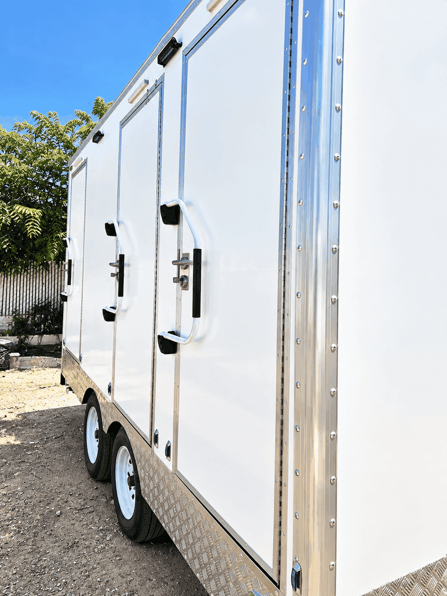 Interior of a mobile shower and restroom combination trailer